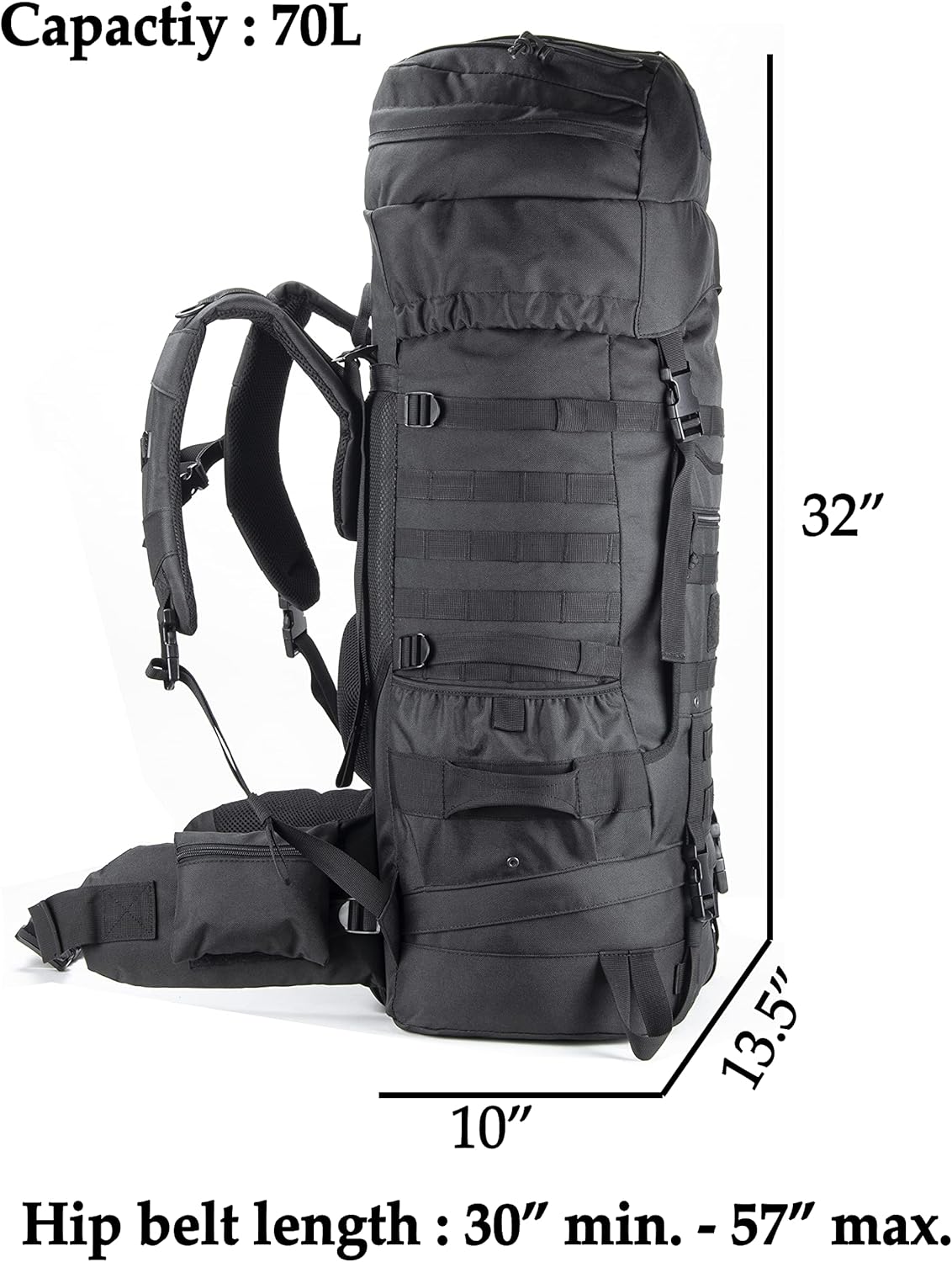 Tactical Internal Frame Backpack Military Rucksack MOLLE Patrol Pack for Hunting Hiking Camping Backpacking Trekking 70L (Black)