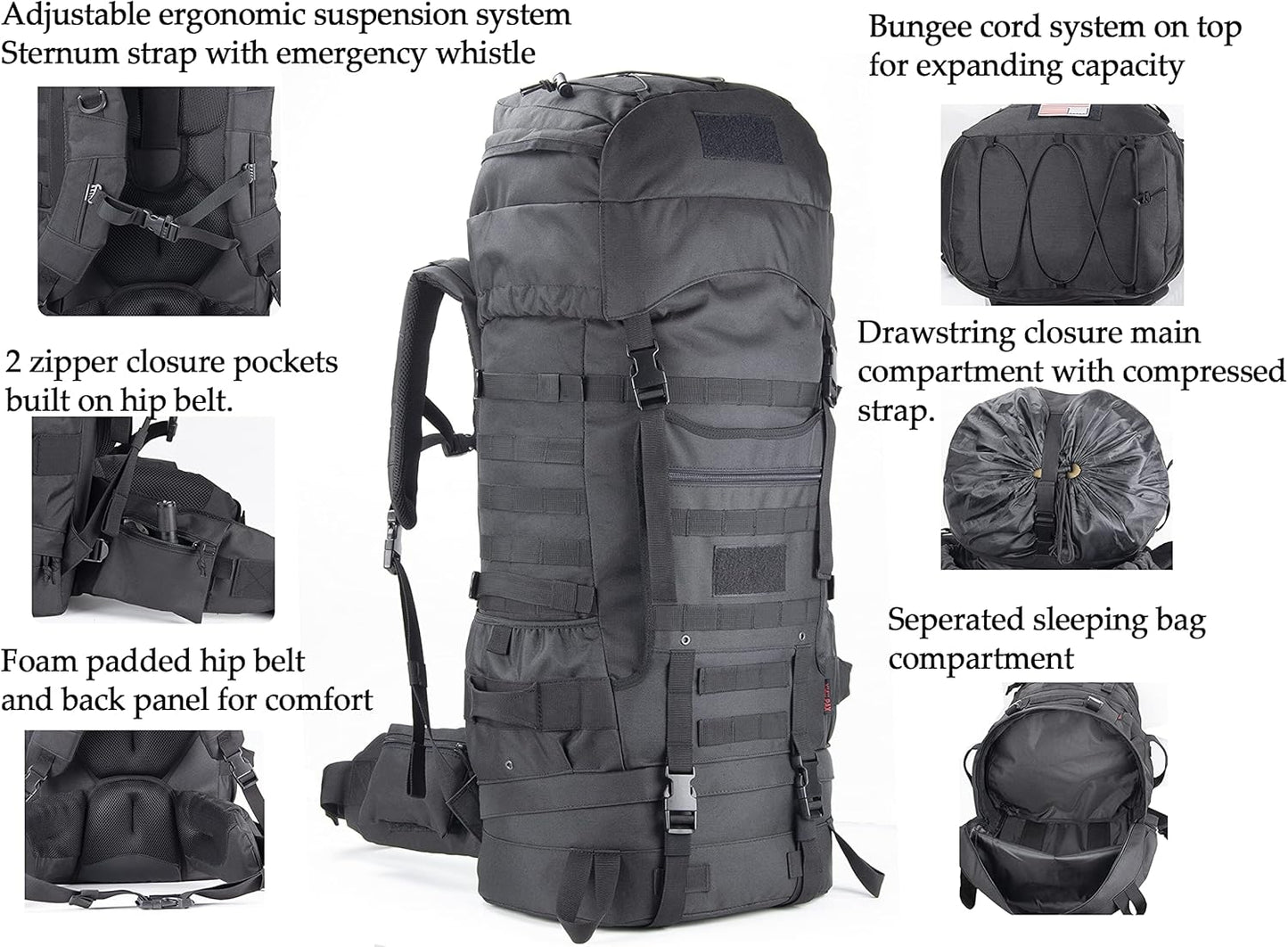 Tactical Internal Frame Backpack Military Rucksack MOLLE Patrol Pack for Hunting Hiking Camping Backpacking Trekking 70L (Black)