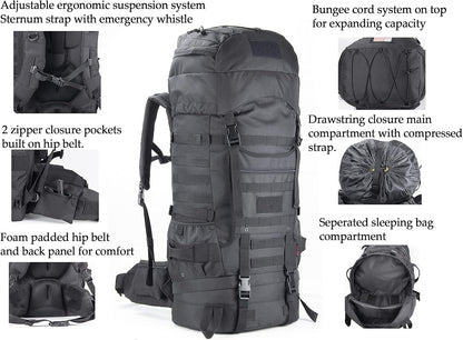 Tactical Internal Frame Backpack Military Rucksack MOLLE Patrol Pack for Hunting Hiking Camping Backpacking Trekking 70L (Black)